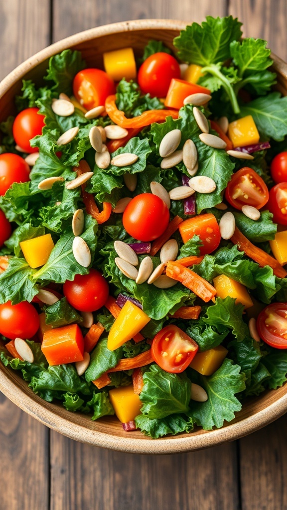 A colorful kale salad with cherry tomatoes, carrots, and bell peppers, topped with sunflower seeds.